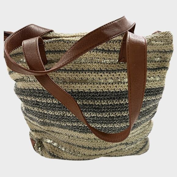 THE SAK BAG Large Zipper Crocheted Leather Trim Cream Gray - Picture 2 of 16